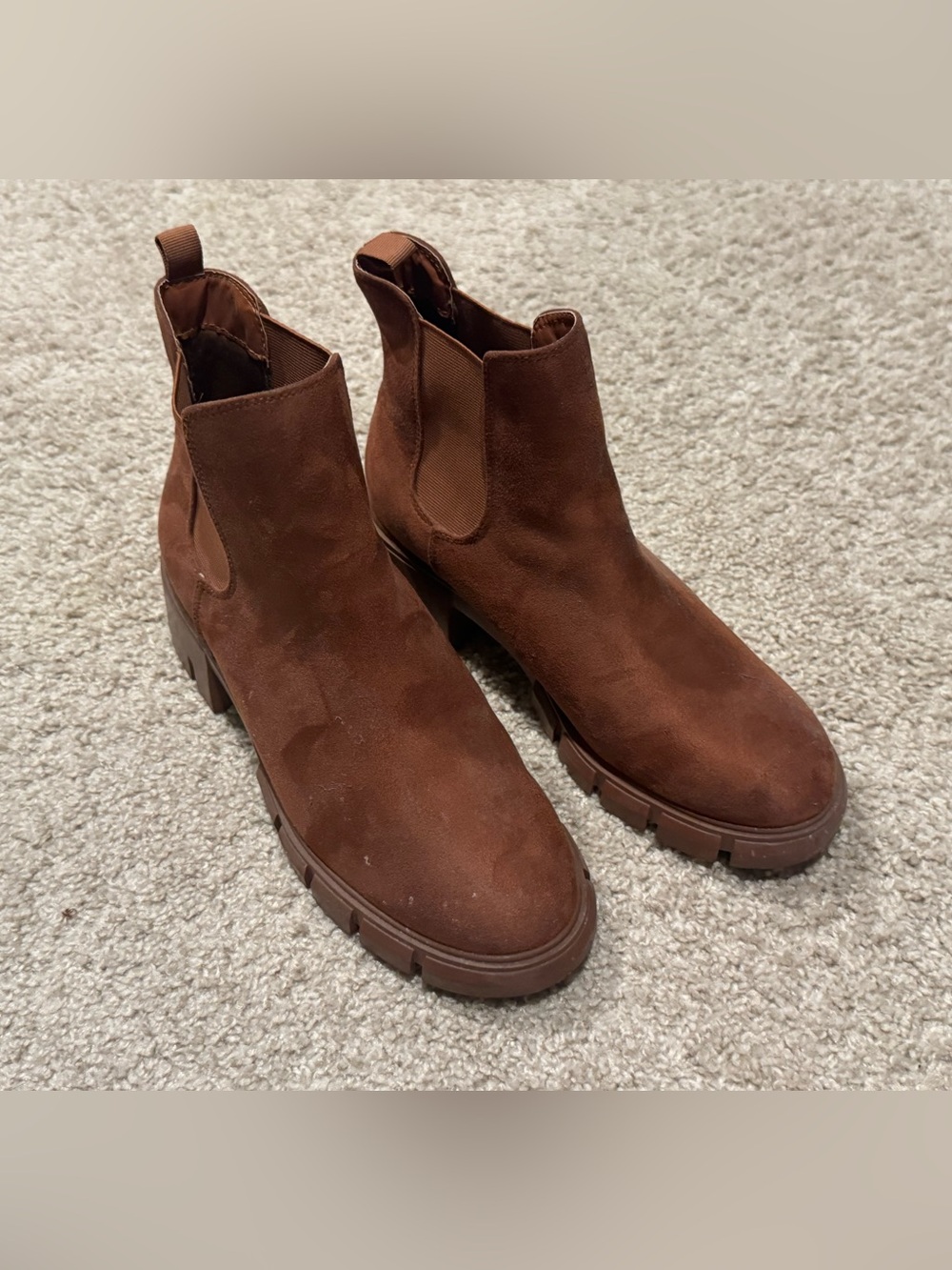 Brown/Rust Faux Suede Chelsea Lug-Sole Ankle Boots
